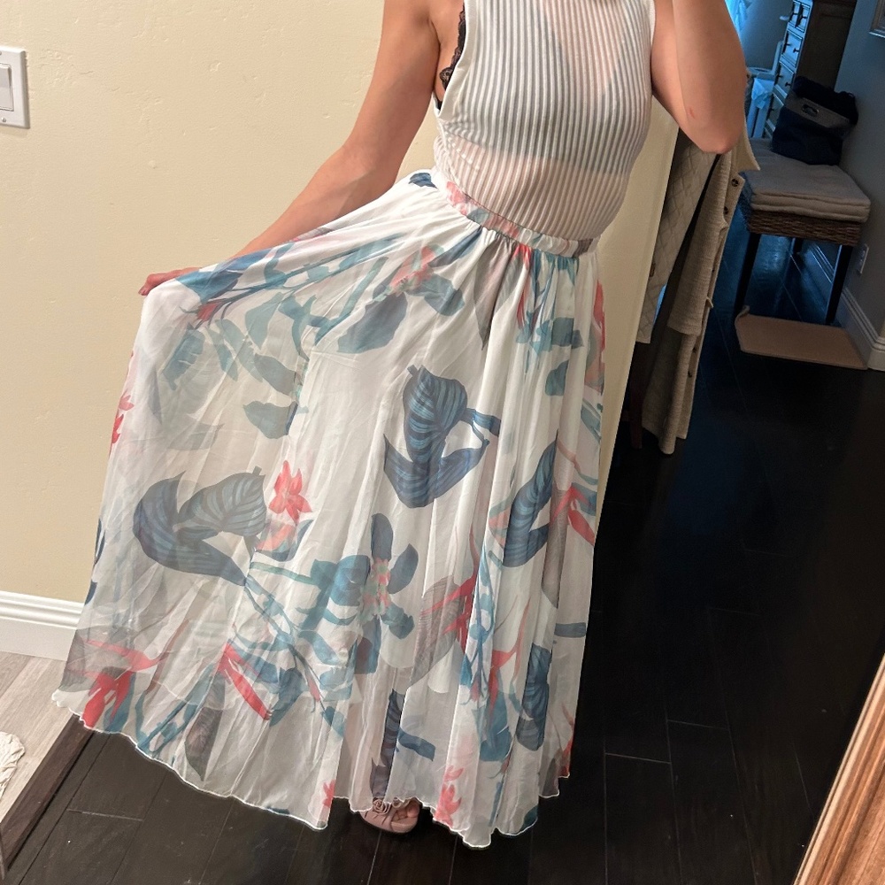 Sheer Floral Pleated Maxi Skirt Small Elastic Waist Lined